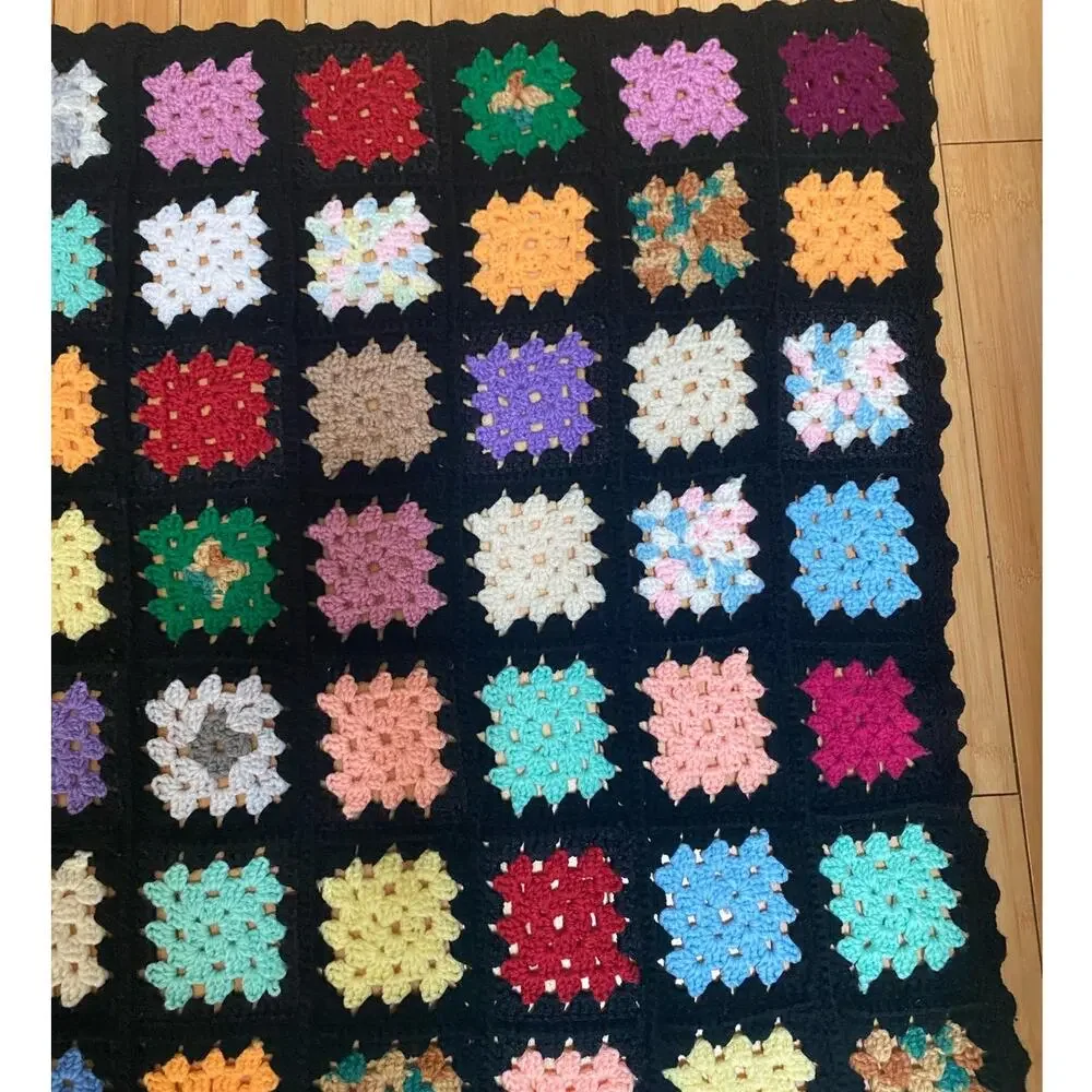 Vintage Granny Core Square Crochet Blanket Black 62